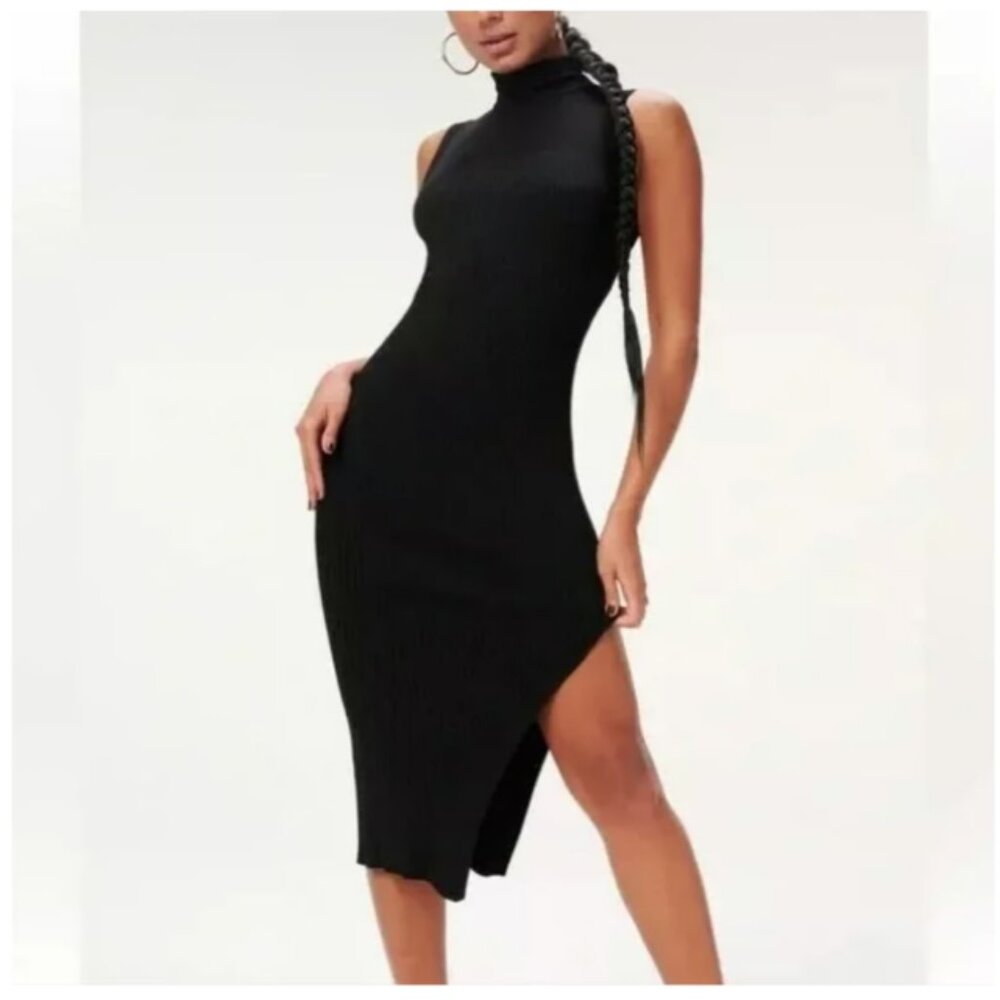 Good American Plaited Sleeveless Rib MIDI Dress, Size 1/2 - Black